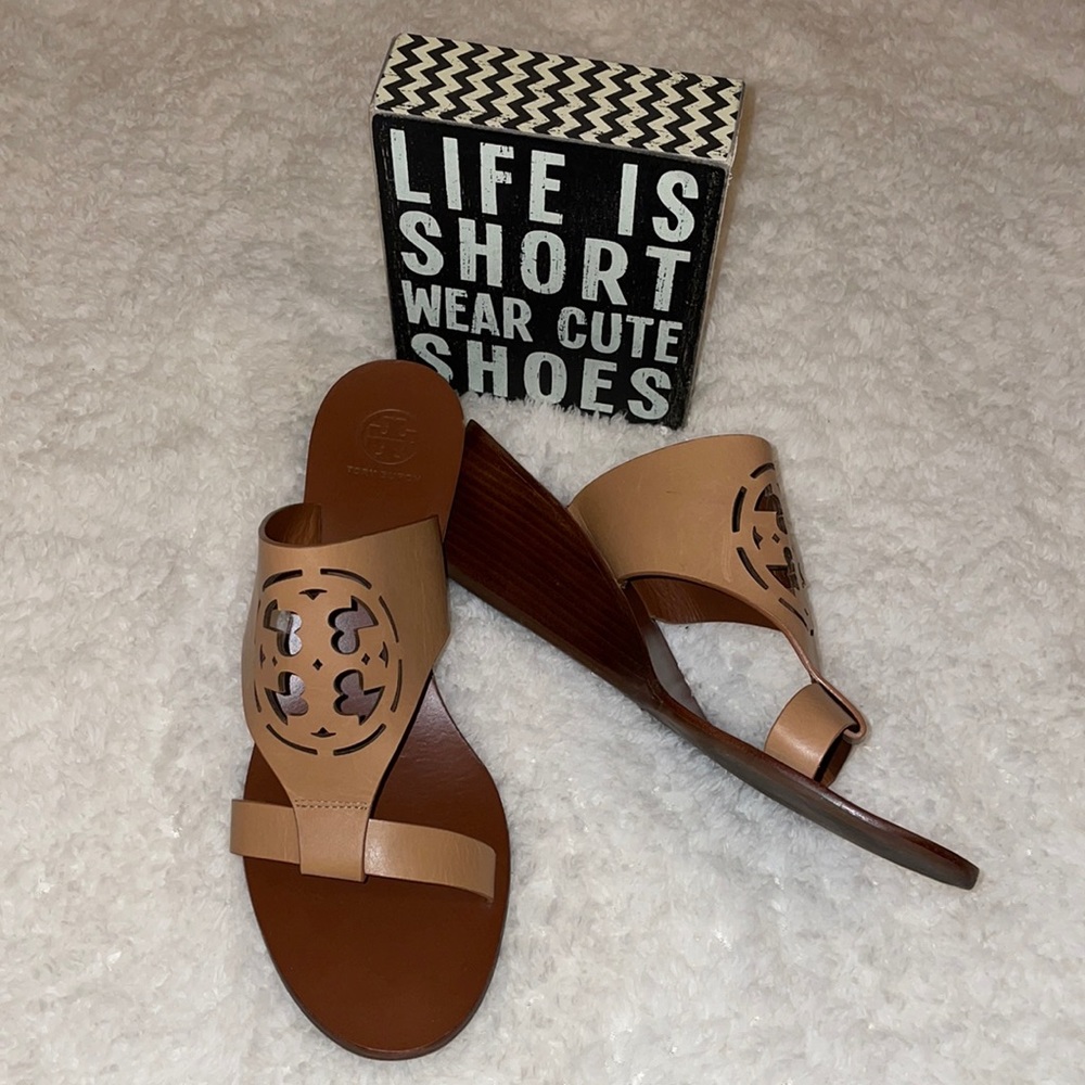 Tory Burch size 9 logo cutout wedge sandals. Fits more like an 8 1/2.
